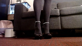 Black Ankle Strap High Heels and Pantyhose Walk