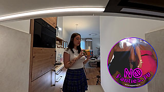 All Natural Big Tits Big Ass Hottest Brunette Babe in the Kitchen with a Short College Uniform Skirt Flashes Panties and Pussy