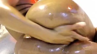 Busty curly brunette with big boobs fucks on couch