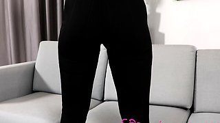 Busty curly brunette with big boobs fucks on couch