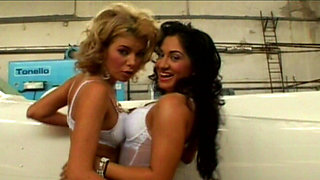 Blonde and Brunette Sluts Ravished in Warehouse Orgy