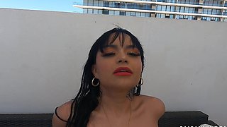 Tattooed latina pornstar gives a sloppy blowjob and piss play