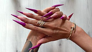 New Purple Color Long Nails, Sharp Stilettos, Palms and Long Fingers Wide