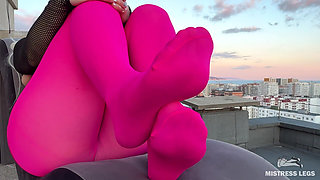 Pink Nylon Tease on the Rooftop at Sunset - Feet and Big Ass