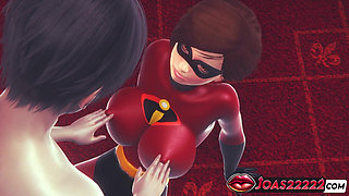 Helen Parr the Incredibles Gets an Orgasm From Breast Play and Cunnilingus - Fingering Her Tight Pussy in 3D Animation
