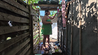 Voyeur 4K Outdoor Shower Chubby Girl Big Tits & Huge Cock Couple Amateur