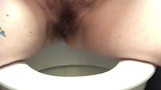 Power Pissing From a Perfect Hairy Pussy in Public Toilets