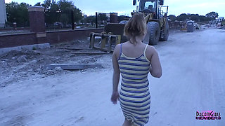 Shy waitress gets naked at a construction site