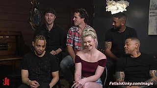 Deep throat bound blond double fuck nailed by big dicks group sex