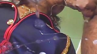 Dirty ebony babe eats cum after hot interracial threesome