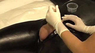 Doctor latex Danielle tests his sperm