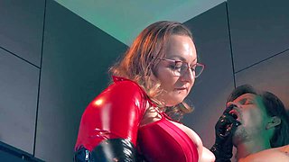 Lusty Curve Queen Teases Her Big Tits Curves While Masturbating Him Vigorously with Gloved Handjob,