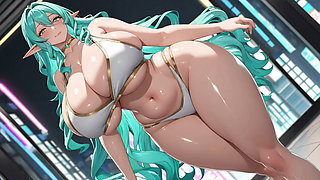 Turquoise Hair Elf Goddess White Bikini Dance on Neon Cyberpunk Rooftop (Ai model)