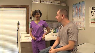 Buxom Brunette Nurse Jasmine in steamy glasses scene, hand job to a climactic finish