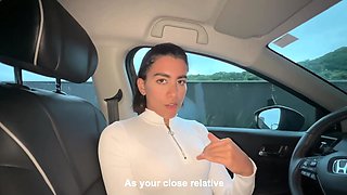 Slim Latina in tight mini allows stepbro to finger her in the car