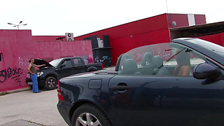 Ramming hard in her ass while she is bent over car