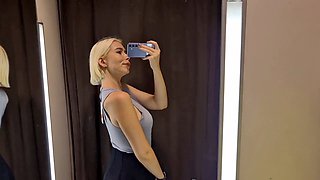 Busty platinum-blonde Mycandyalice tries on sexy sheer outfits in the dressing room