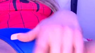 Solo spider-girl rubs her clit and uses her toys