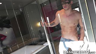 Solo masturbation session with young muscular masked gay