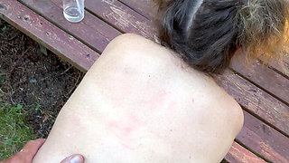 Freckled Dirty Wife gets bent over the deck and fucked from behind butt plug