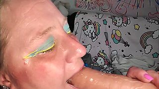 BBW Roommate Submits to Sloppy Rough Deepthroat Training 9 Inch Dildo