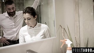 Sexy brunette maid gives her house owner a nice wet blowjob and then starts riding his cock in reverse cowgirl position