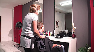 Horny Blonde MILF Hairdresser Gets Wet While Cutting Hair, Then Rides Her Customer Hard
