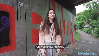 Watch this cute college teen with natural tits study a huge dick in public and get a cumshot in her mouth