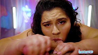 Busty curly brunette with big boobs fucks on couch