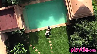 Petite Asian MILF and blonde babe strips