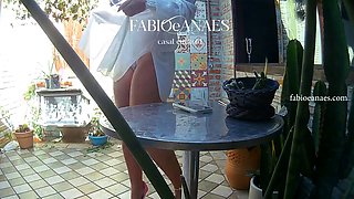 Hotwife in lingerie in winter garden sensualizing