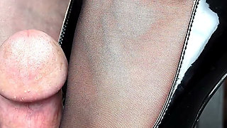 Shoejob in Black Stilettos and Pantyhose Under Cock Table - Dame Olga (4k) (639)
