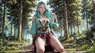 Forest Fantasy! Green-haired Mage & Blue Elf in a Private Walk, Kneeling under dappled sunlight with teasing wands.