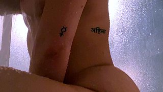 Hot babe with perfect big boobs taking shower