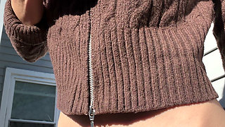 Cozy Sweater Small Natural Breasts Reveal Skinny Petite Babe Outside