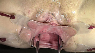 Far Spread Pussy Even Further Open and with Dildo Working Close up, Looking Inside and Squirt