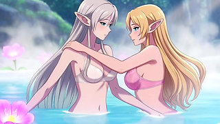 Two beautiful lesbian elves share an intimate night in a magical hot springs