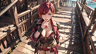 Redhead Pirate Captain! Playing with her cutlass in a vintage ship cabin