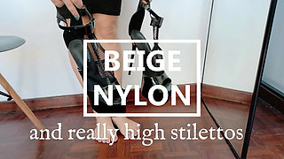 Beige Nylon and Super High Stilettos