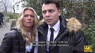 Debt4k. slutty young wifey cheats on spouse for currency in front of him