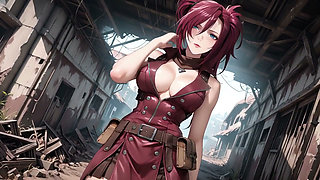 Redhead Warrior in Ruins! Forbidden Encounter in the Industrial Wasteland, her tight combat suit soaked and hazy eyes.