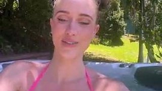 Busty curly brunette with big boobs fucks on couch