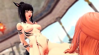 Miqo'te Riding Her Futa Friend at the Pool