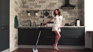 Dirty Gwen's naughty fingers explore her tight ass in the kitchen while those juicy naturals bounce