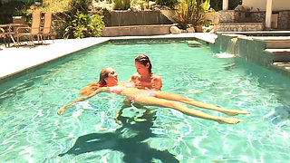 Hot lez friends kissing in the pool, fingering on the couch