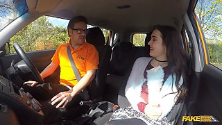 Fake driving school - nineteen year senior dark haired learner entices instructor in car xxx romp