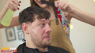 Stacy Cruz & Michael Fly train natural busty brunette to cut clients' hair herself